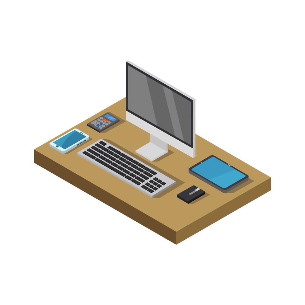 Isometric Office Desk On White Background vector