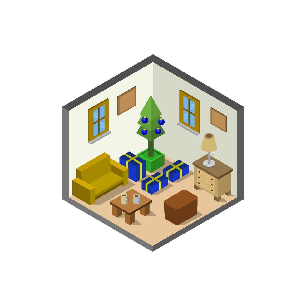 Habitación con árbol de Navidad isométrico sobre fondo blanco. vector