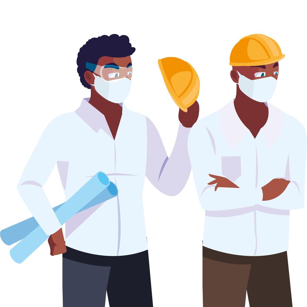 architects with masks and plans vector