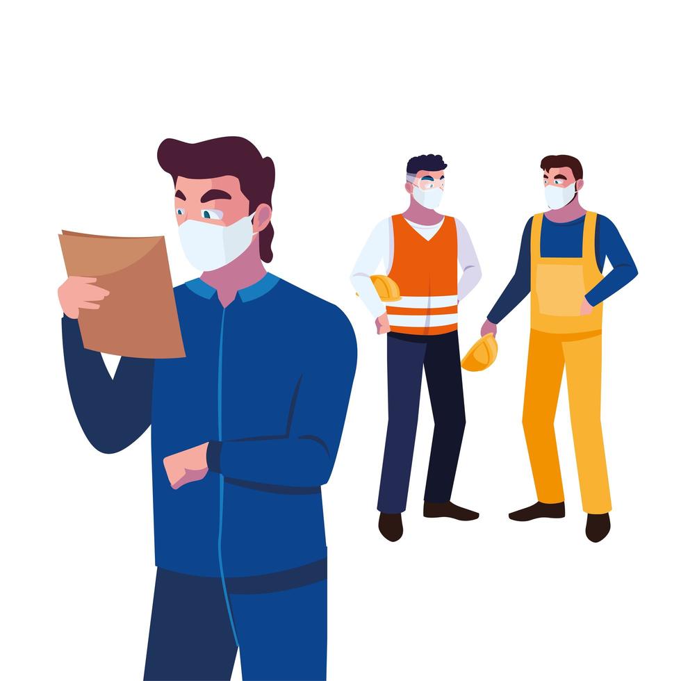 Industry operators wearing face masks at work vector