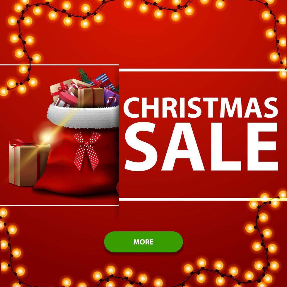Christmas sale, red square discount banner with garland, green button and Santa Claus bag with presents vector