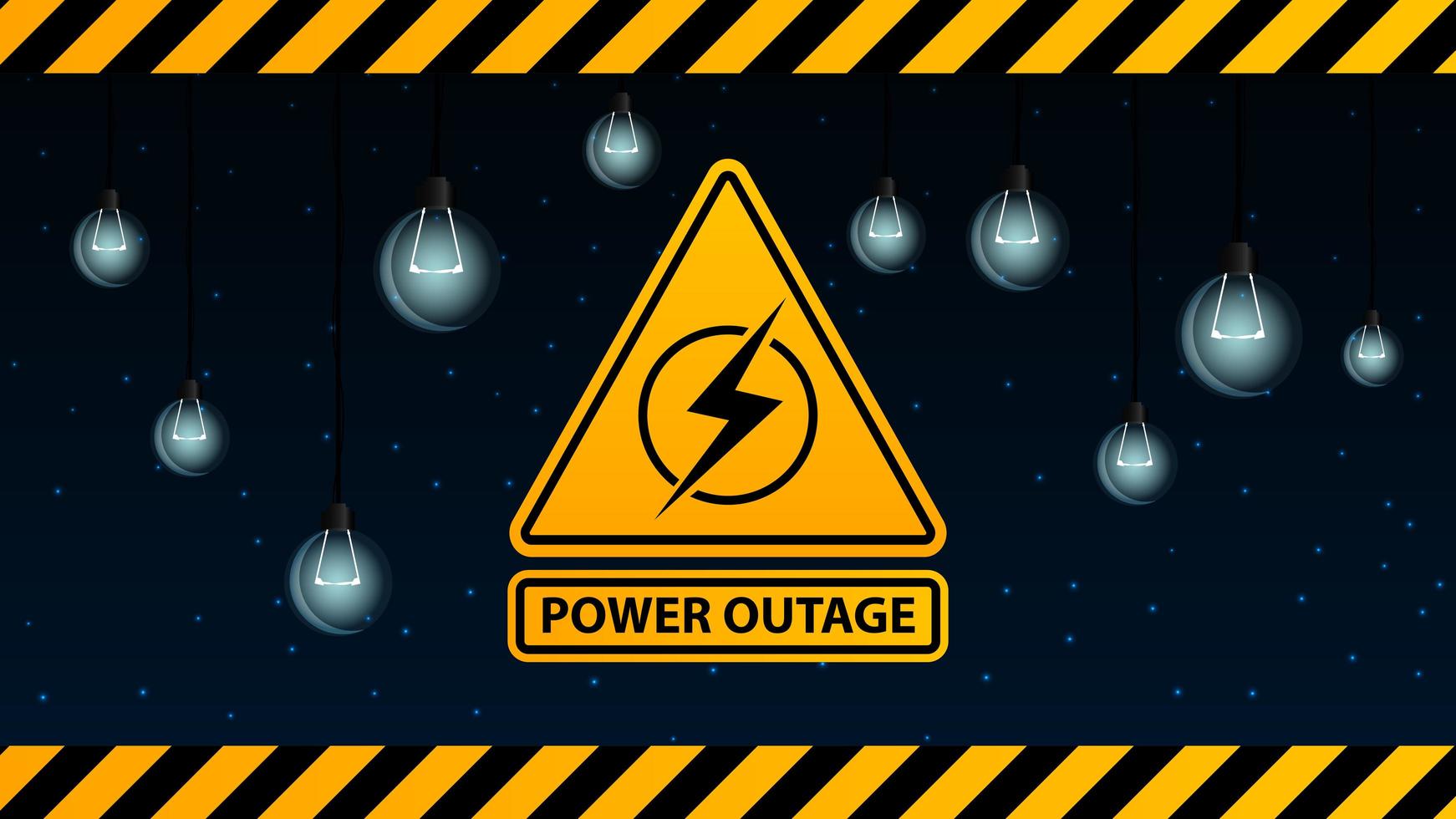 Power outage, yellow warning logo on the background of starry sky and dull light bulbs vector