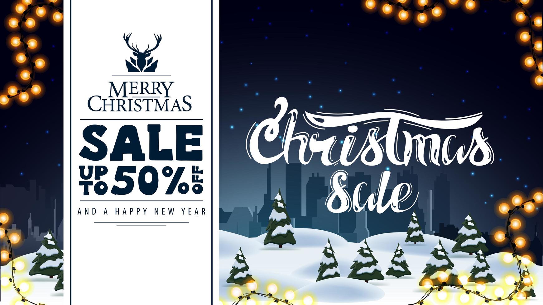 Merry Christmas, sale up to 50 off, discount and greeting banner with winter landscape on background vector