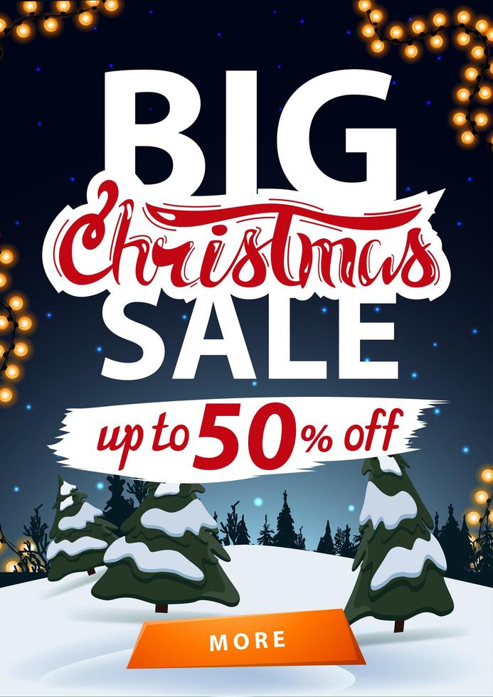 Big Christmas sale, up to 50 off, vertical discount banner with winter landscape on background vector