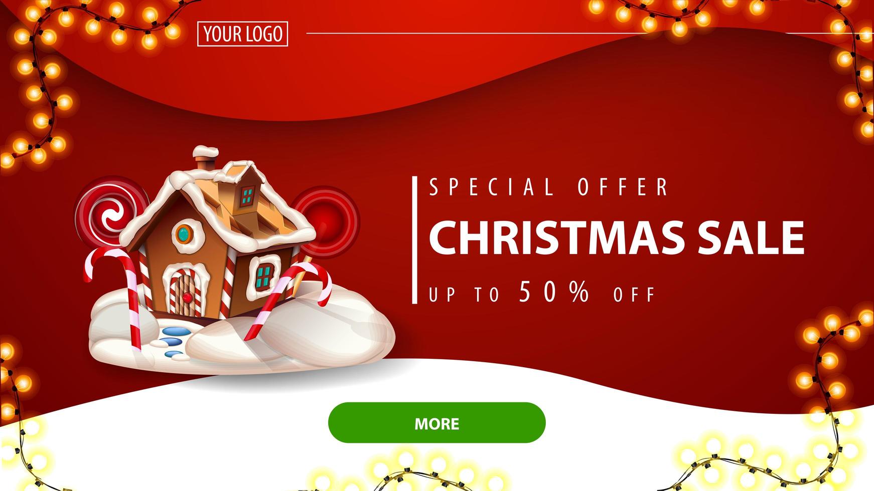 Special offer, Christmas sale, up to 50 off, red discount banner for website with red background, green button and Christmas gingerbread house vector