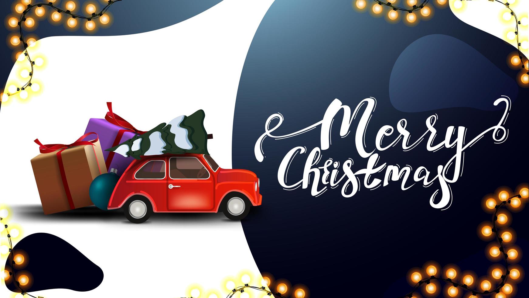 Merry Christmas, white and blue postcard with beautiful lettering, garland and red vintage car carrying Christmas tree vector