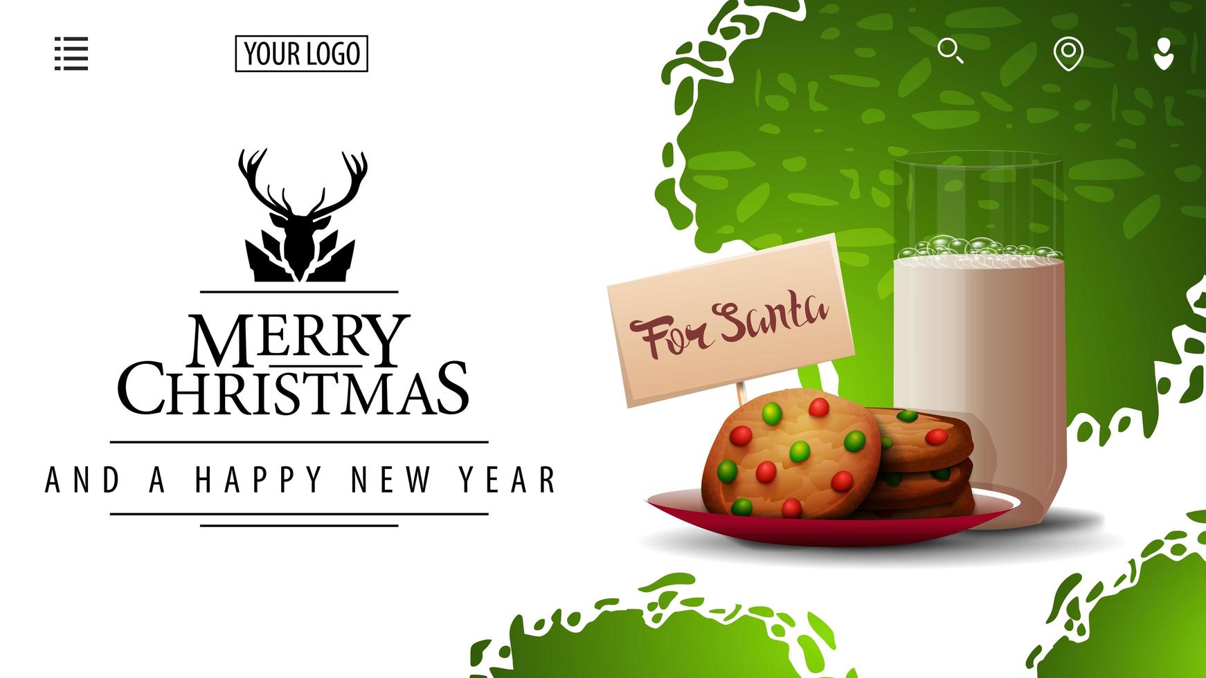 Merry Christmas and Happy New Year, white and green card for website with beautiful greeting logotype and cookies with a glass of milk for Santa Claus vector