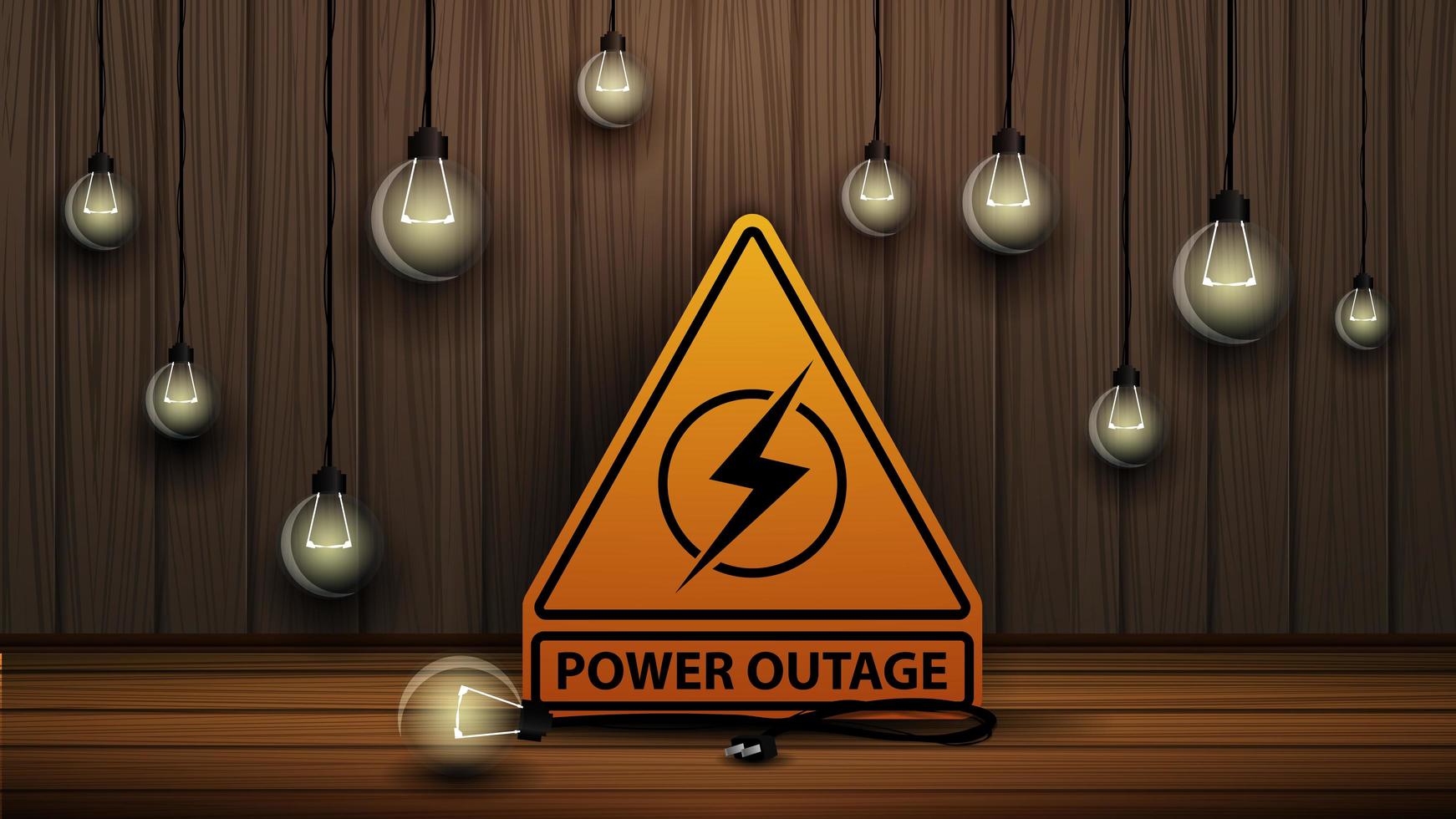 Power outage, yellow warning logo on the background of wooden wall and dull light bulbs vector