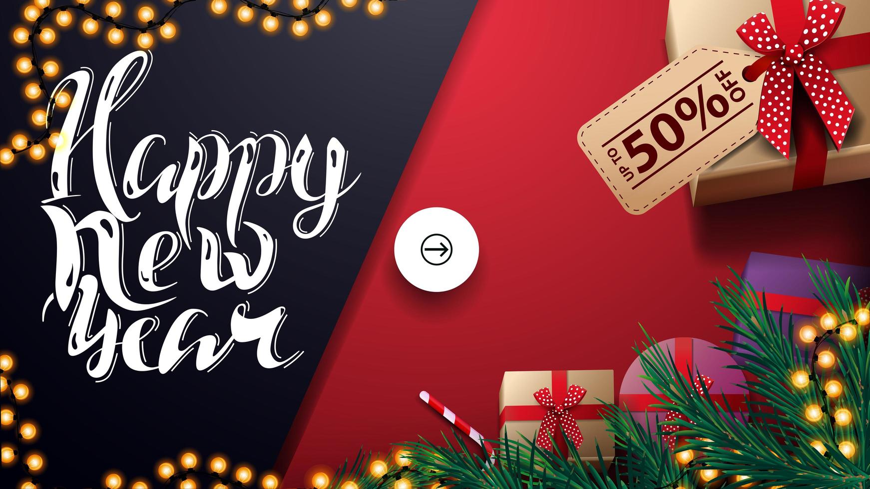 Happy New Year, up to 50 off, red and blue discount and greeting banner with presents, top view vector