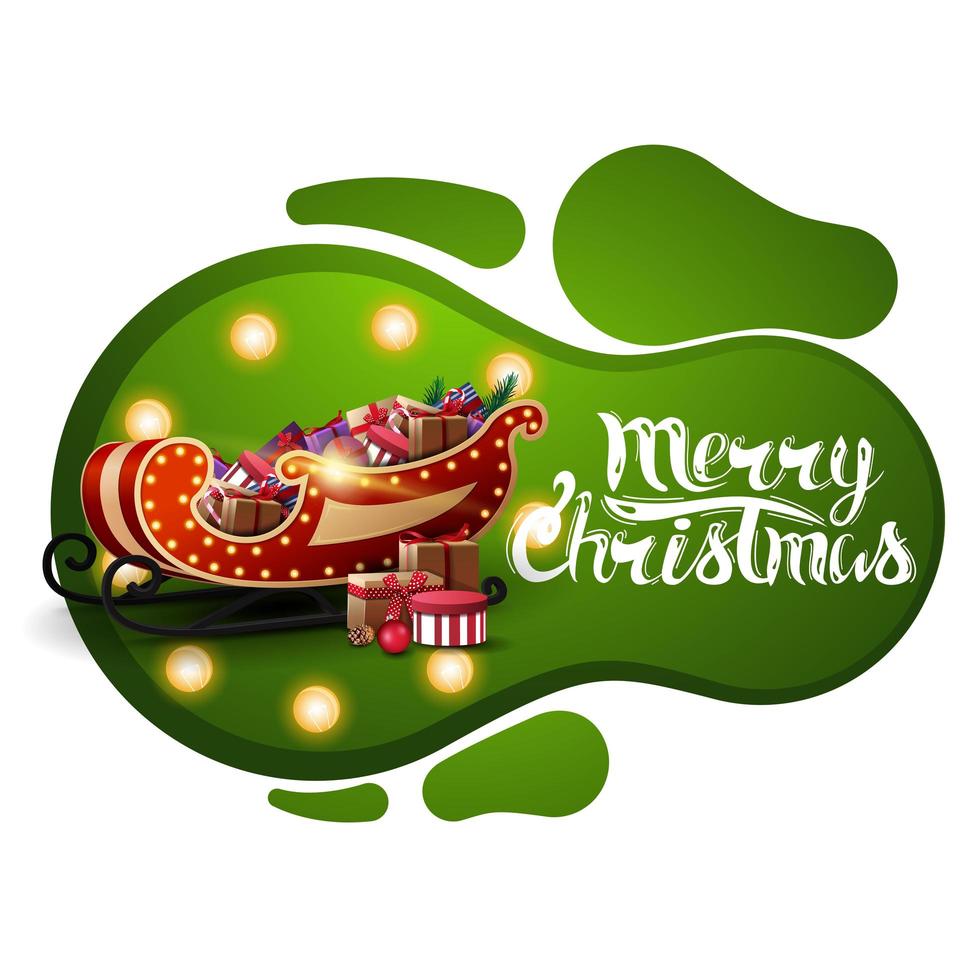 Merry Christmas, green postcard in lava lamp style with yellow bulb and Santa Sleigh with presents isolated on white background vector