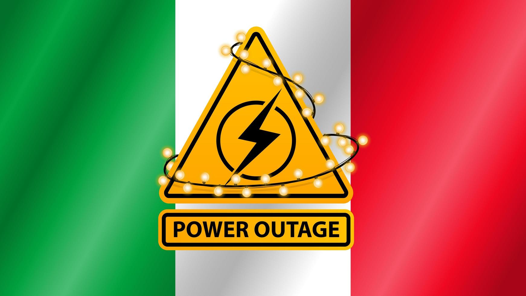 Power outage, yellow warning sign wrapped with garland on the background of the flag of Italy vector