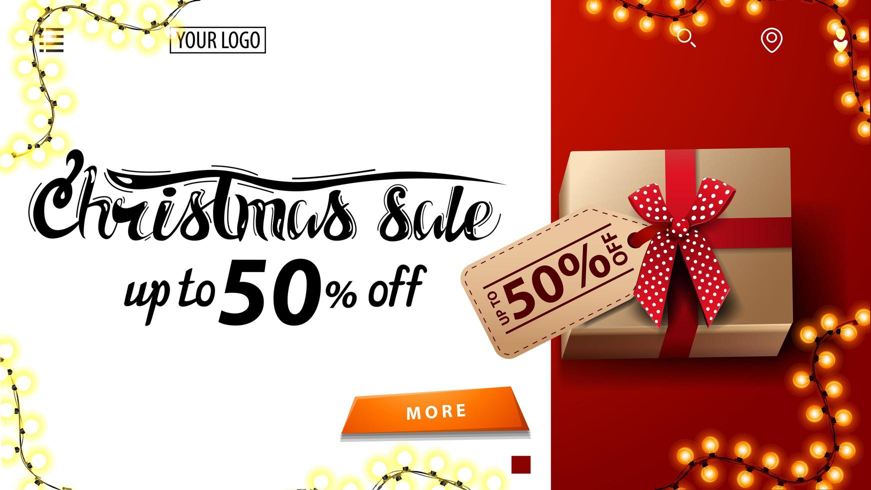 Christmas sale, up to 50 off, white and red discount banner for website with present with price tag, top view vector