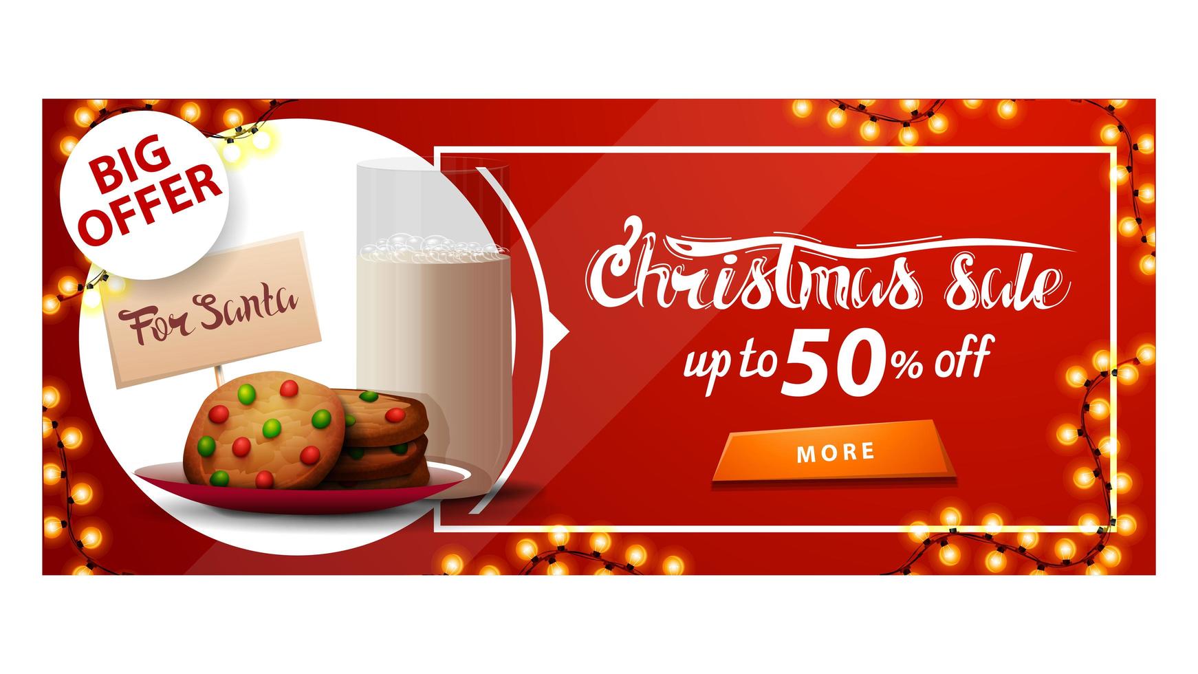 gran oferta, rebajas navideñas, hasta 50 de descuento, banner rojo de descuento con guirnalda, botón y galletas con un vaso de leche para santa claus vector