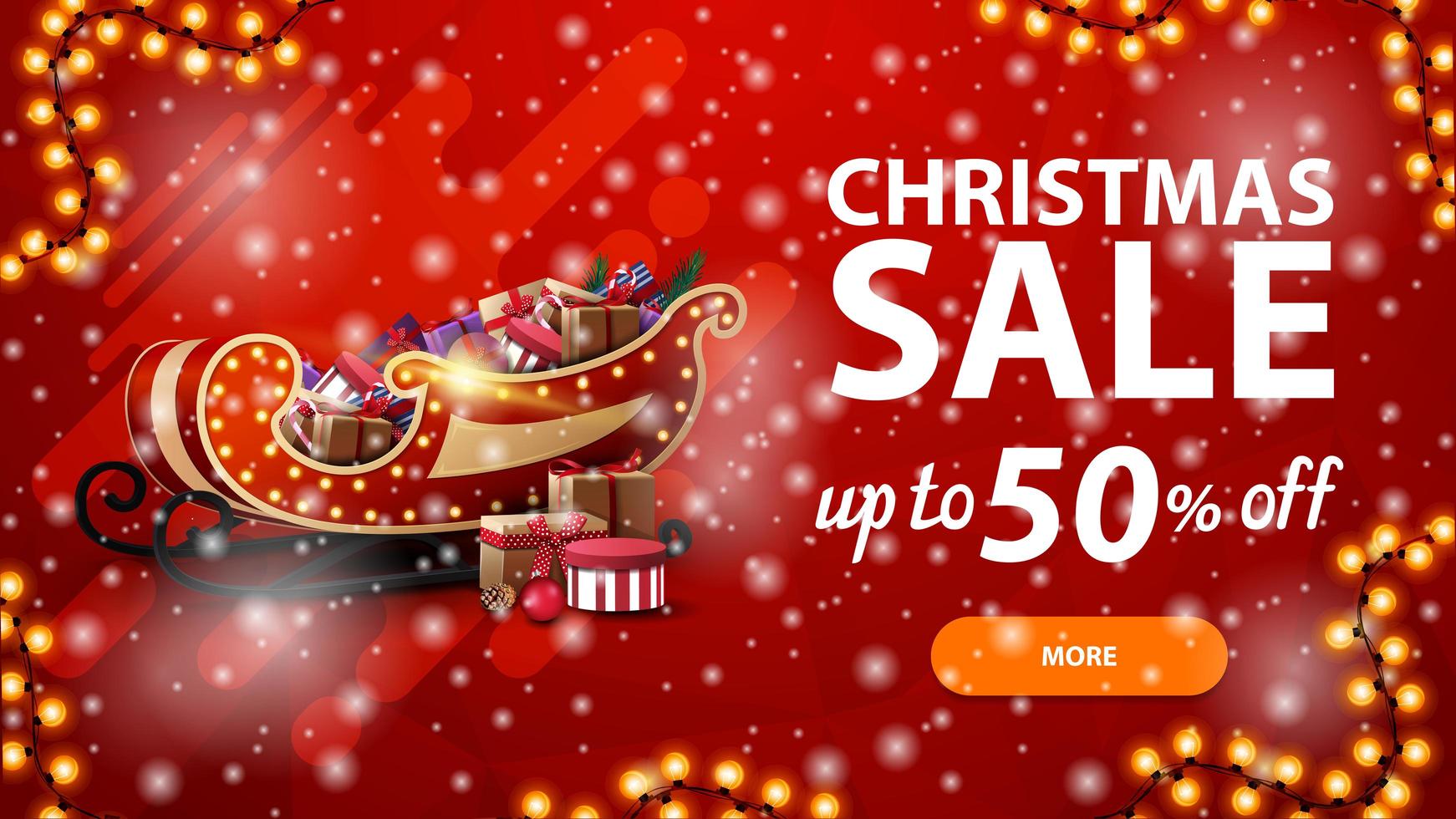 Christmas sale, up to 50 off, red discount banner with garland, snowfall and Santa Sleigh with presents vector