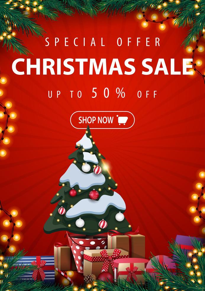 Special offer, Christmas sale, up to 50 off, red vertical discount banner with Christmas tree in a pot with gifts, frame of Christmas tree branches, garlands and presents vector