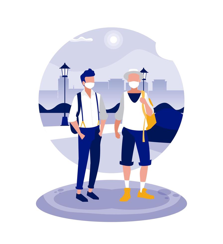 Men with masks at park in front of city buildings vector design