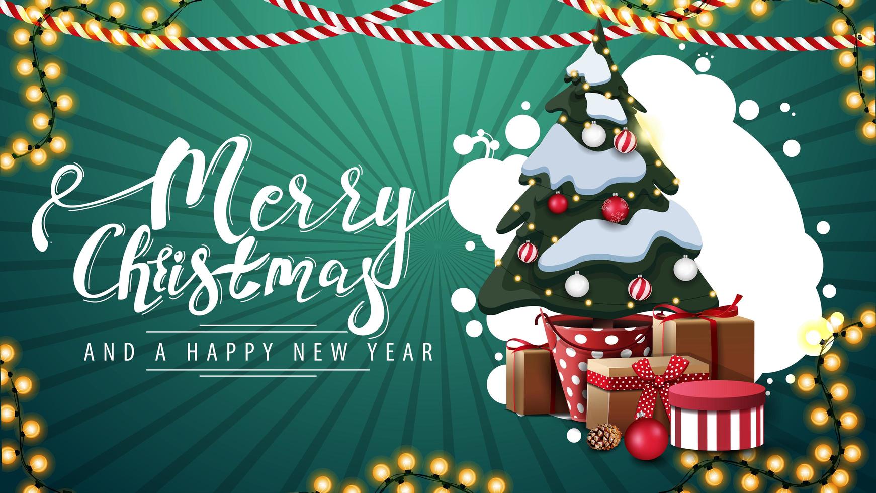 feliz navidad y próspero año nuevo, postal verde con nube abstracta de círculos, guirnaldas y árbol de navidad en una olla con regalos vector