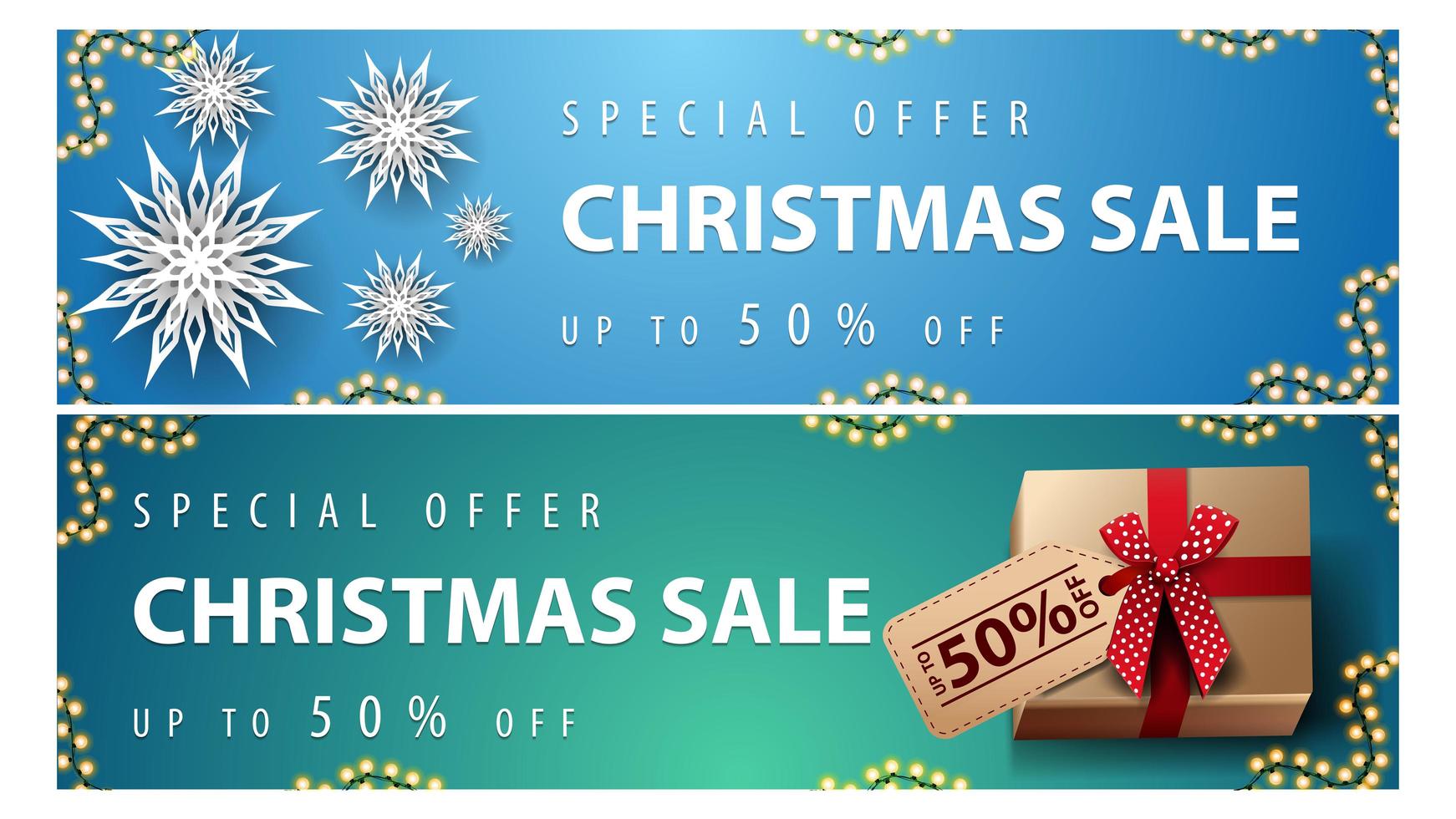 Special offer, Christmas sale, up to 50 off, blue and green horizontal discount banners with paper snowflakes and presents with price tag vector
