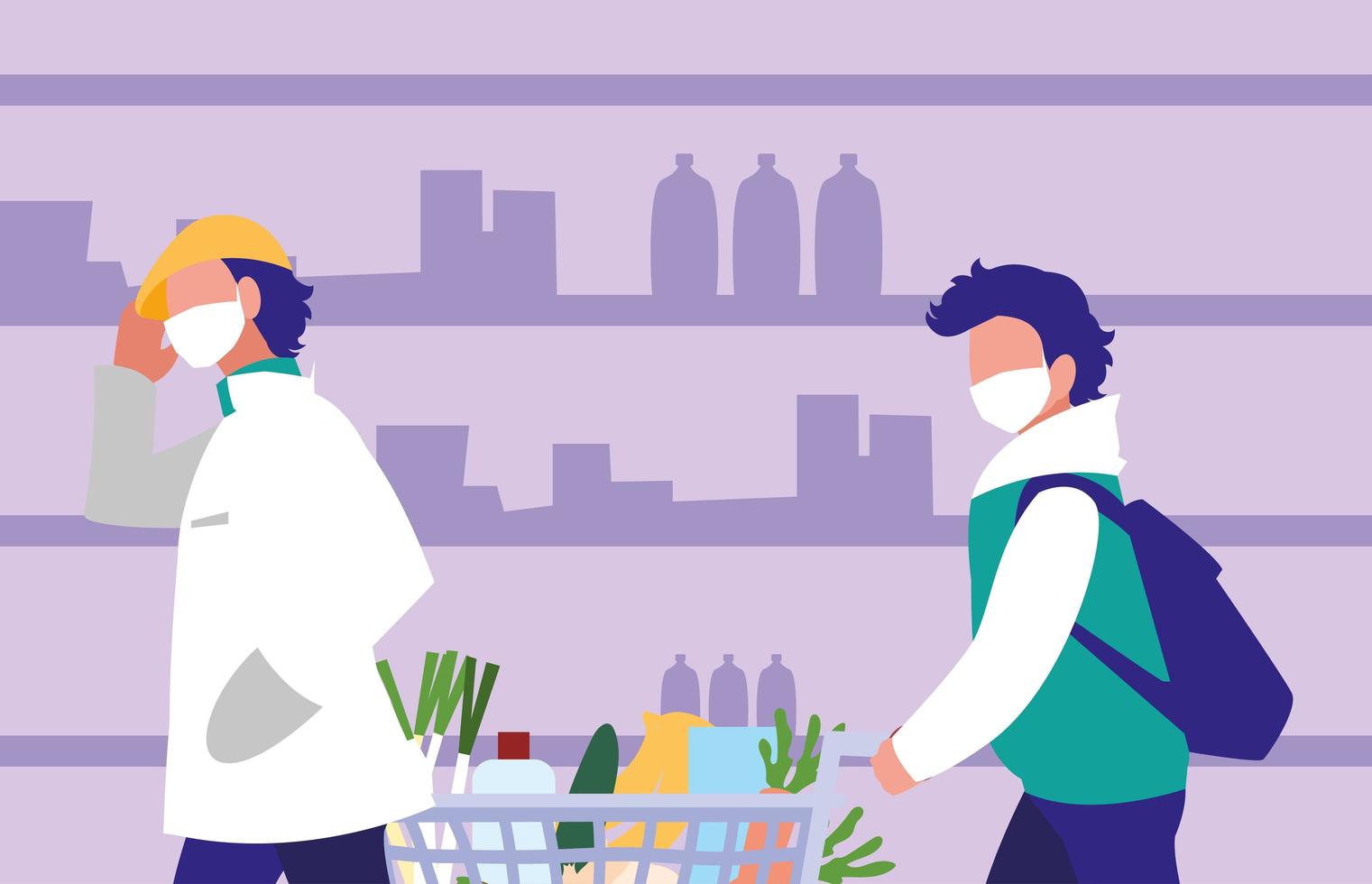 Men with masks in the supermarket in front of shelves vector design