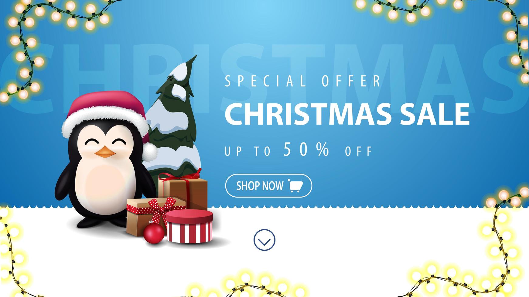 oferta especial, venta de navidad, hasta 50 de descuento, banner de descuento azul y blanco para sitio web con línea ondulada, guirnalda, pingüino con gorro de santa claus con regalos y árbol de navidad vector