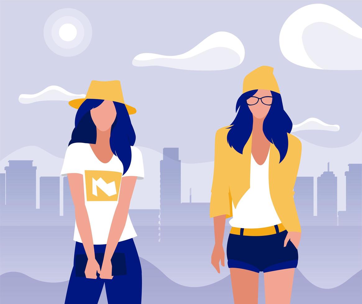 women avatars at park in front of city buildings vector design