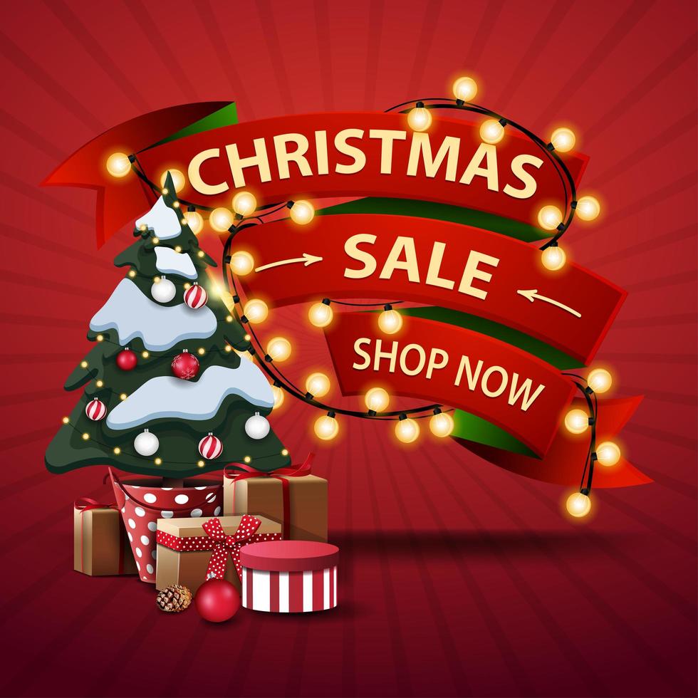 Christmas sale, shop now, discount banner in the form of ribbons wrapped garland and Christmas tree in a pot with gifts vector