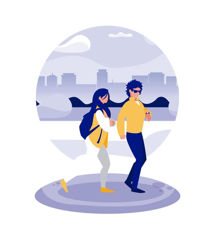 Woman and man avatar at park in front of city buildings vector design