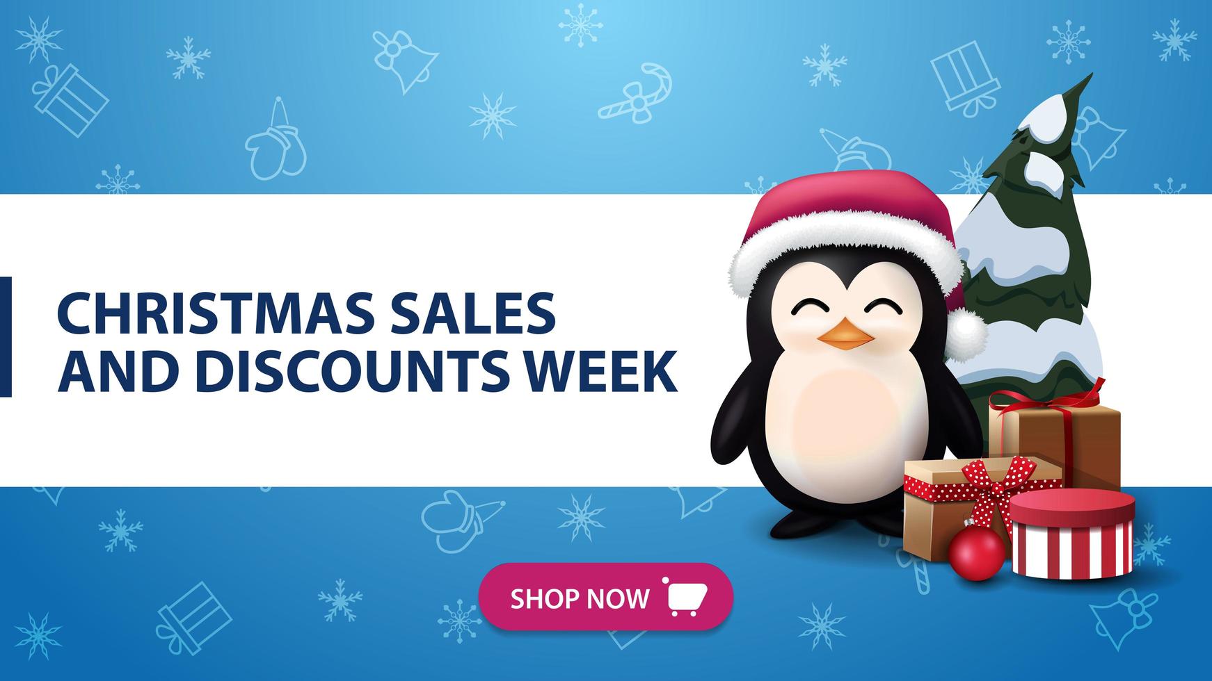 Christmas sales and discounts week, blue banner with horizontal white line, purple button, Christmas pattern and penguin in Santa Claus hat with presents vector