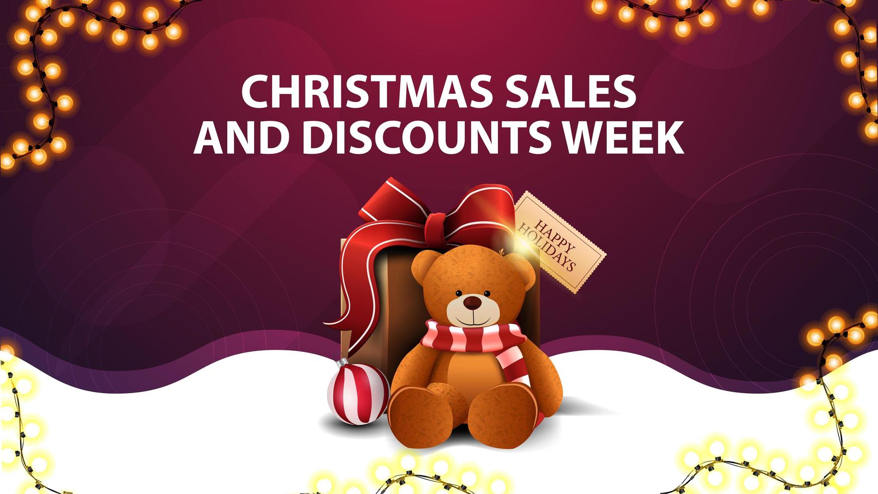 Christmas sales and discounts week, white and purple discount banner with garland, wavy line and present with Teddy bear vector