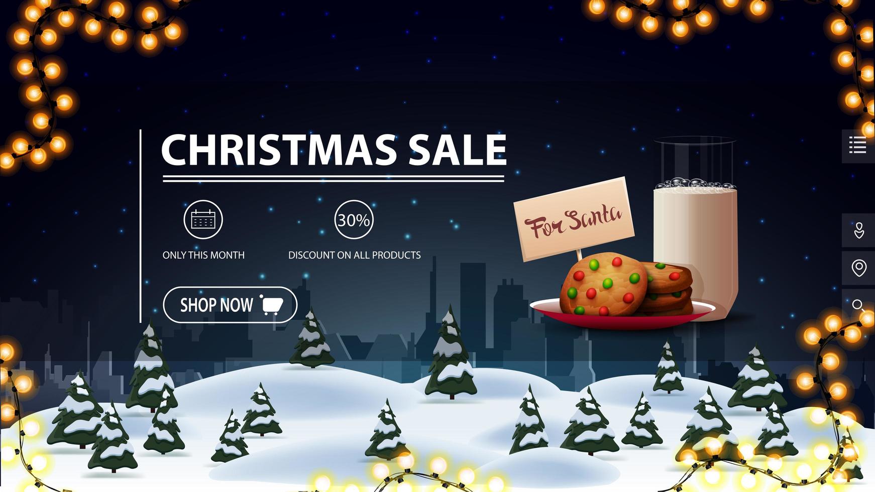 Christmas sale, up to 30 off, blue discount banner for website with button. Garland, cookies with a glass of milk for Santa Claus and cartoon night landscape on the background vector