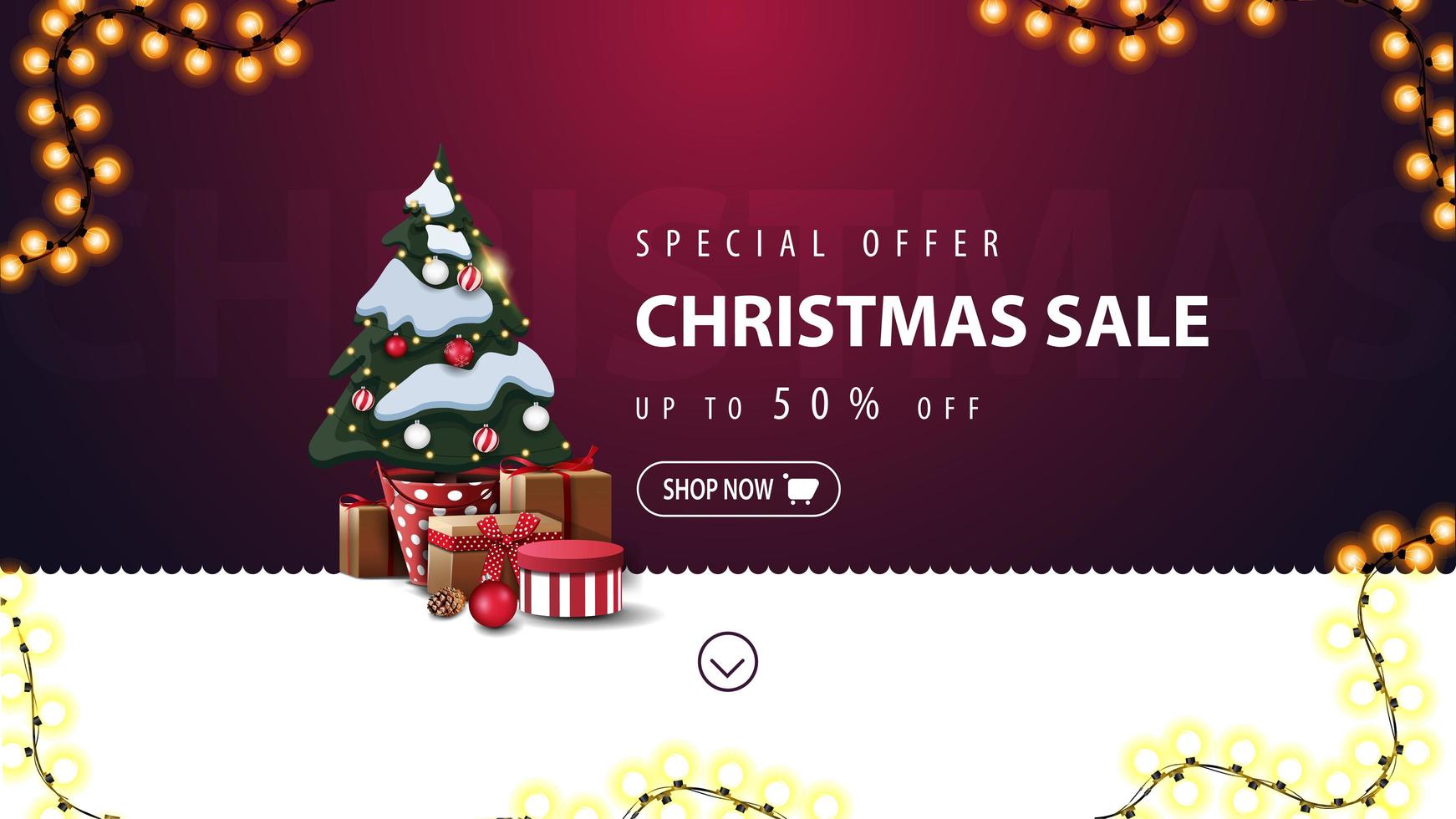 Special offer, Christmas sale, up to 50 off, purple and white discount banner for website with wavy line, garland and Christmas tree in a pot with gifts vector