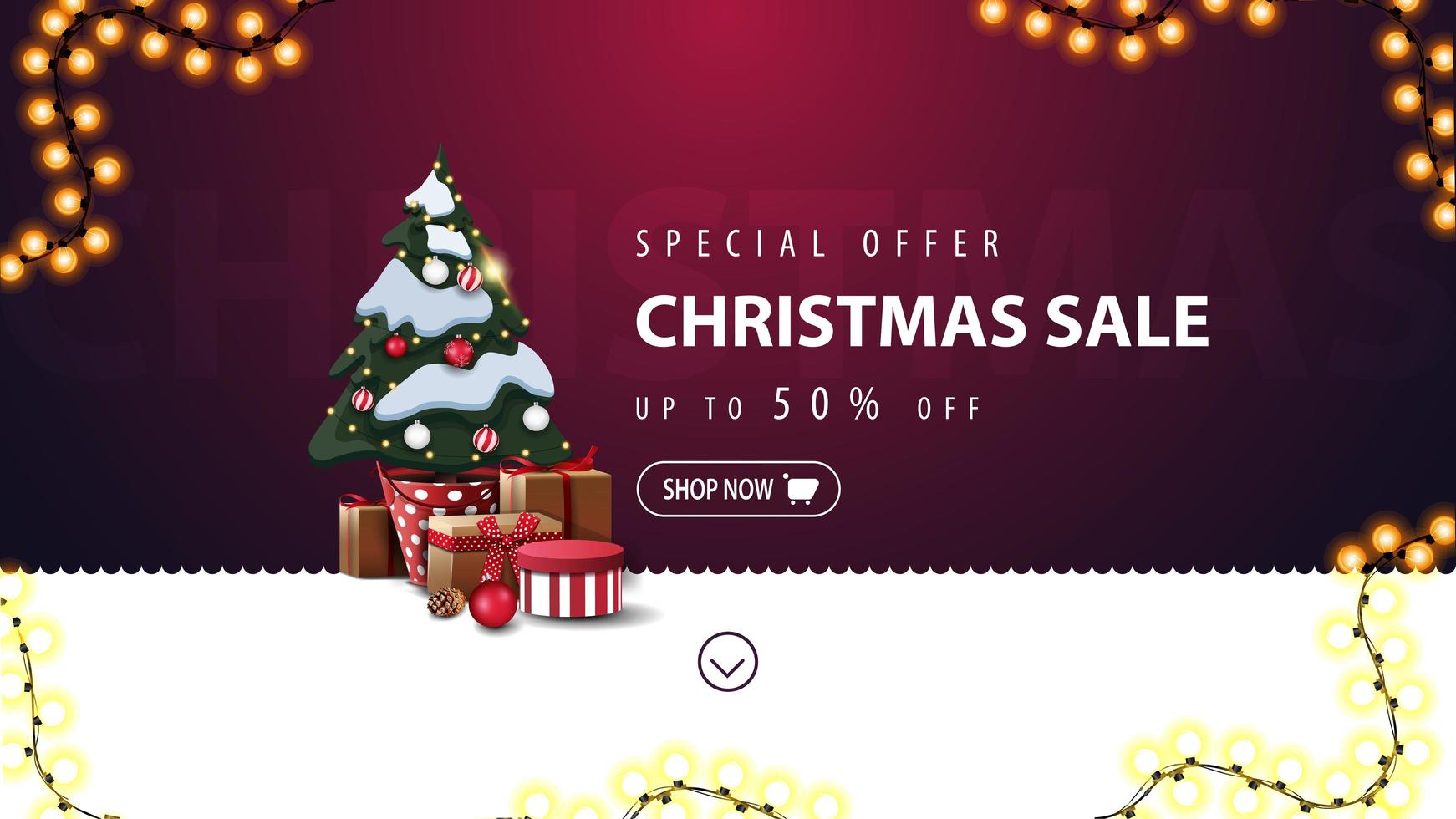 oferta especial, venta de navidad, hasta 50 de descuento, banner de descuento morado y blanco para sitio web con línea ondulada, guirnalda y árbol de navidad en una maceta con regalos vector