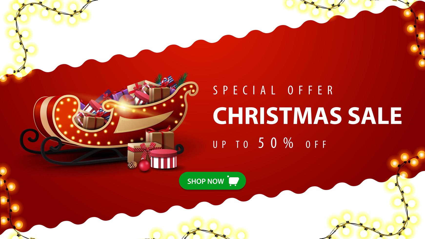 Special offer, Christmas sale, up to 50 off, red and white discount banner with wavy diagonal line, green button and Santa Sleigh with presents vector