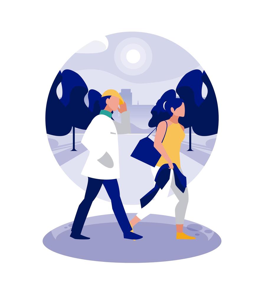 Woman and man avatar at park in front of city buildings vector design