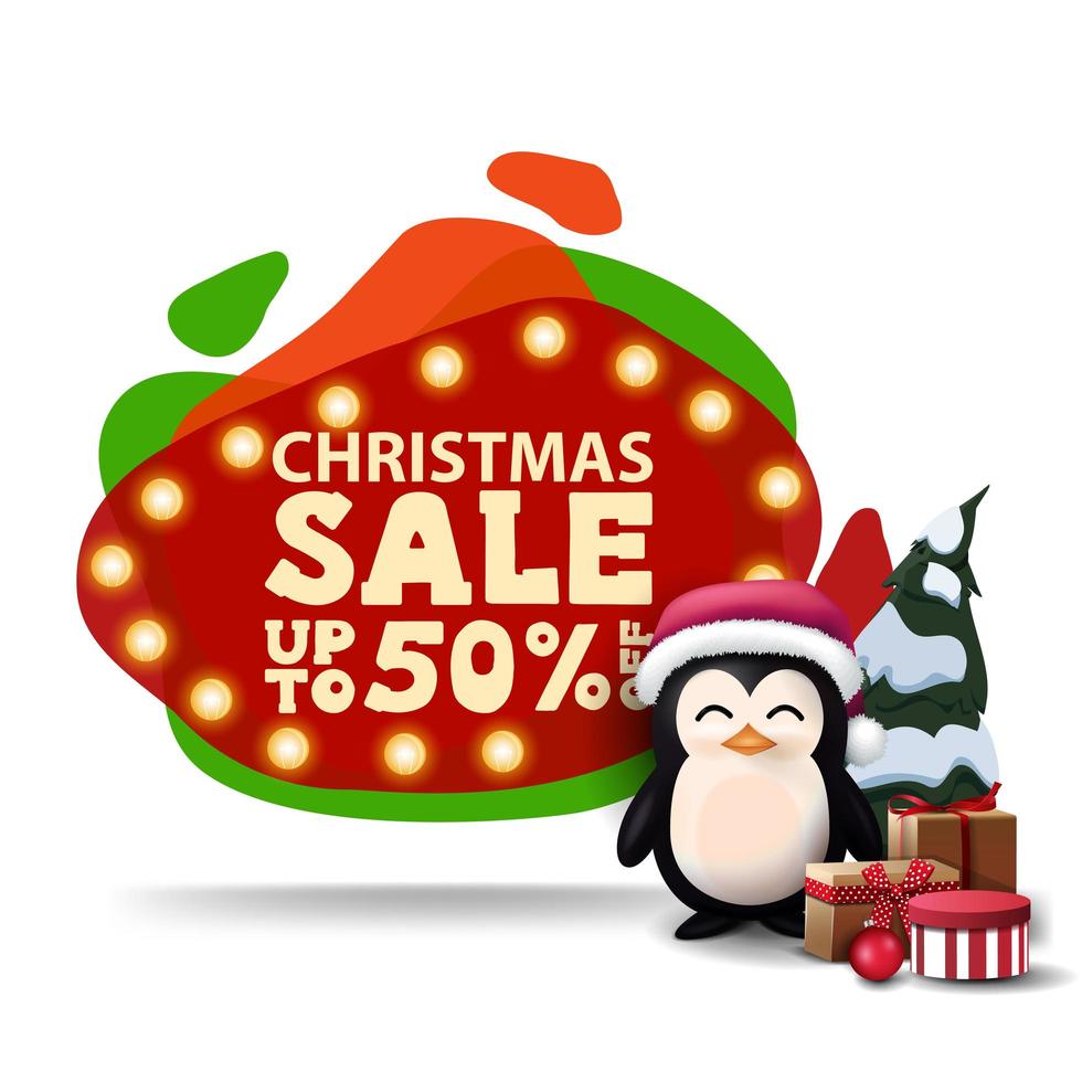 Christmas sale, up to 50 off, modern red discount banner in lava lamp style with bulb lights and penguin in Santa Claus hat with presents vector