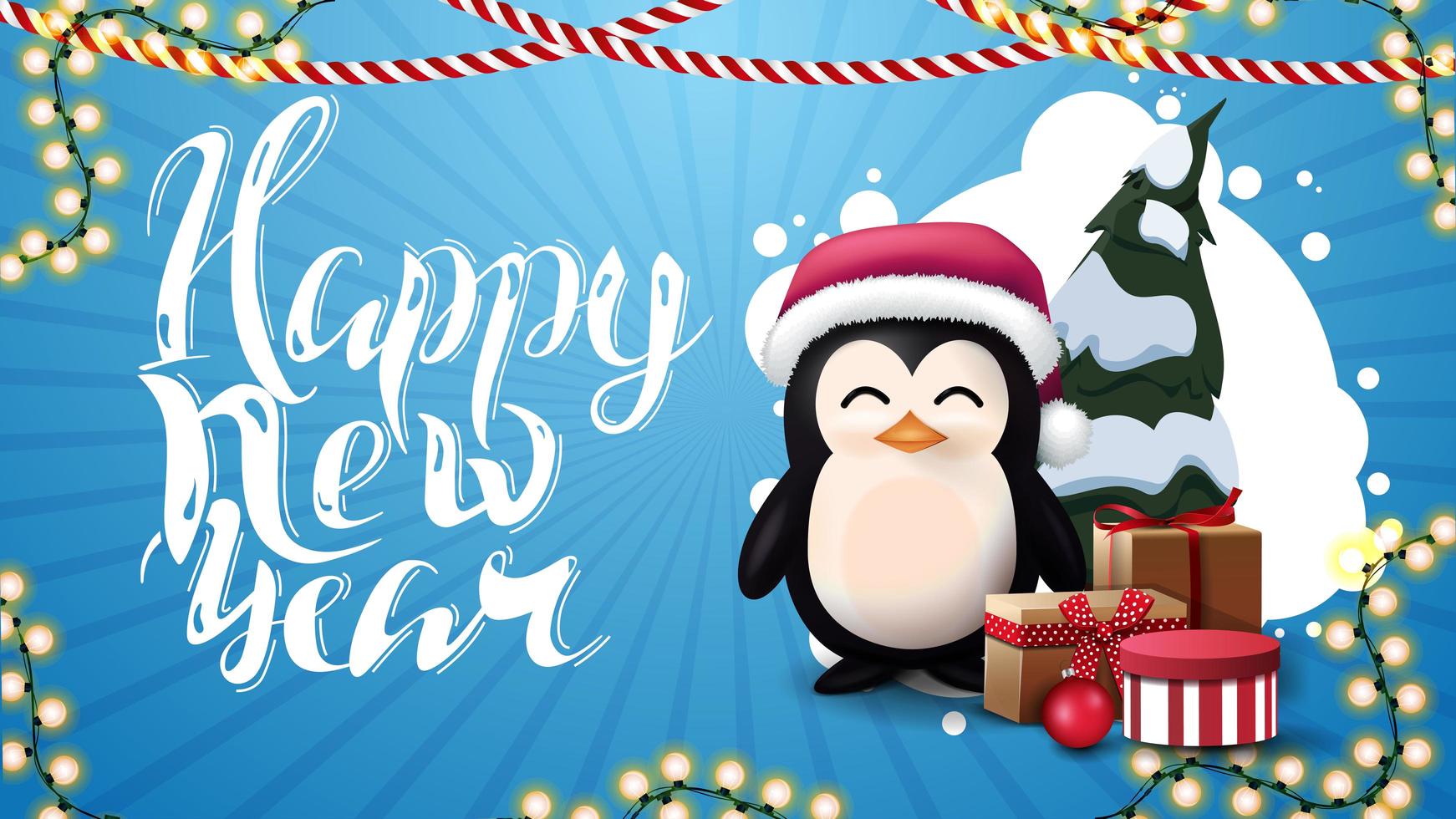 Feliz año nuevo, postal azul con nube abstracta de círculos, guirnaldas y pingüino en sombrero de santa claus con regalos vector