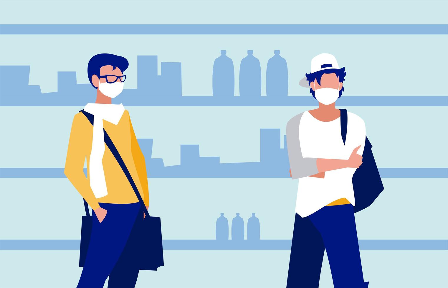 Men with masks in the supermarket in front of shelves vector design