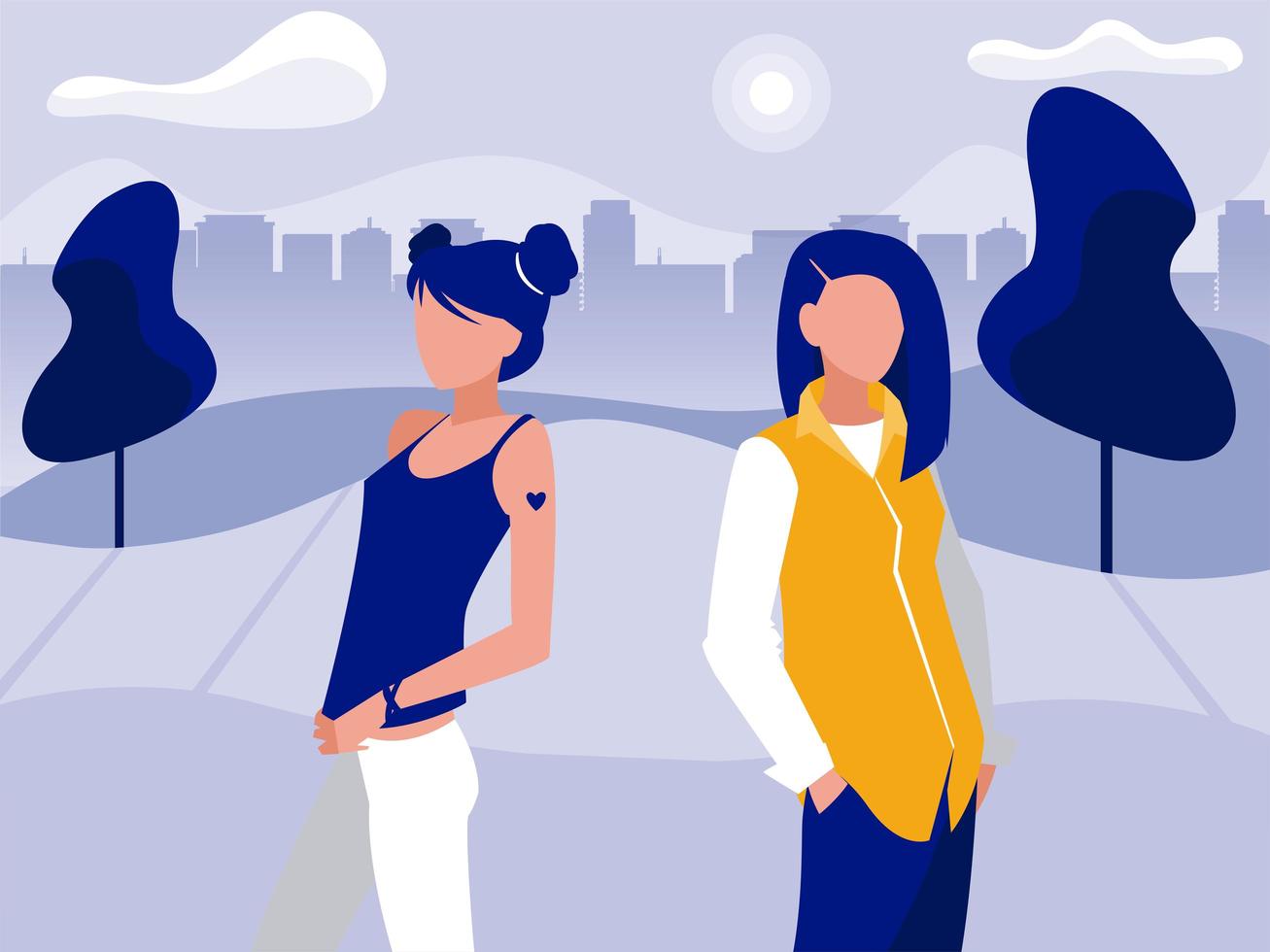 women avatars at park in front of city buildings vector design
