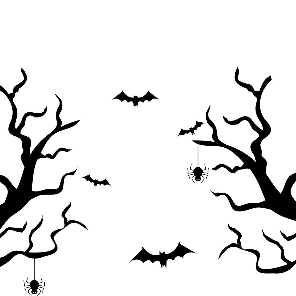 dry trees with bats flying and spiders vector