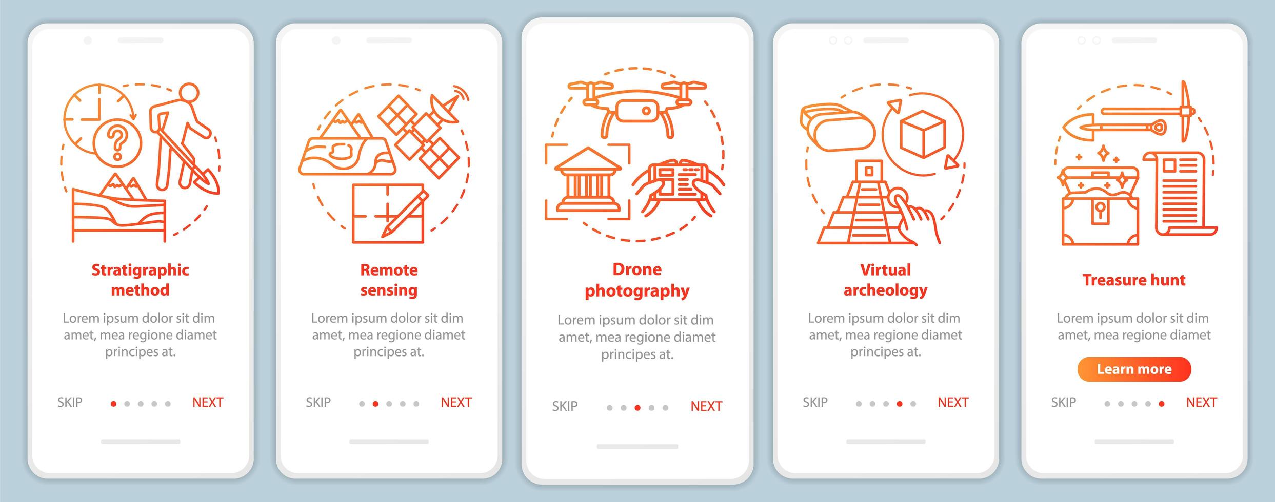 Archeology methods onboarding mobile app page screen vector template.