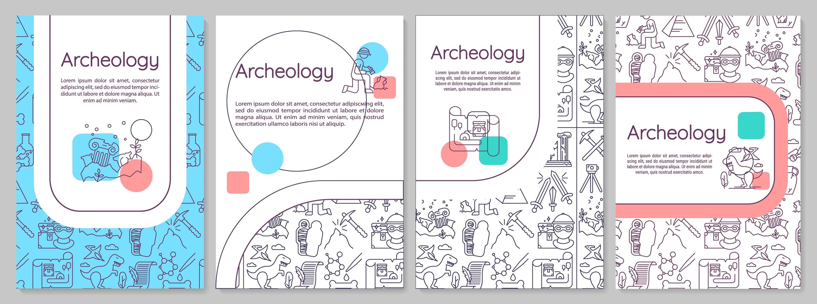 Archeology brochure template. Paleontology and history. Flyer, booklet, leaflet print, cover design with linear icons. vector