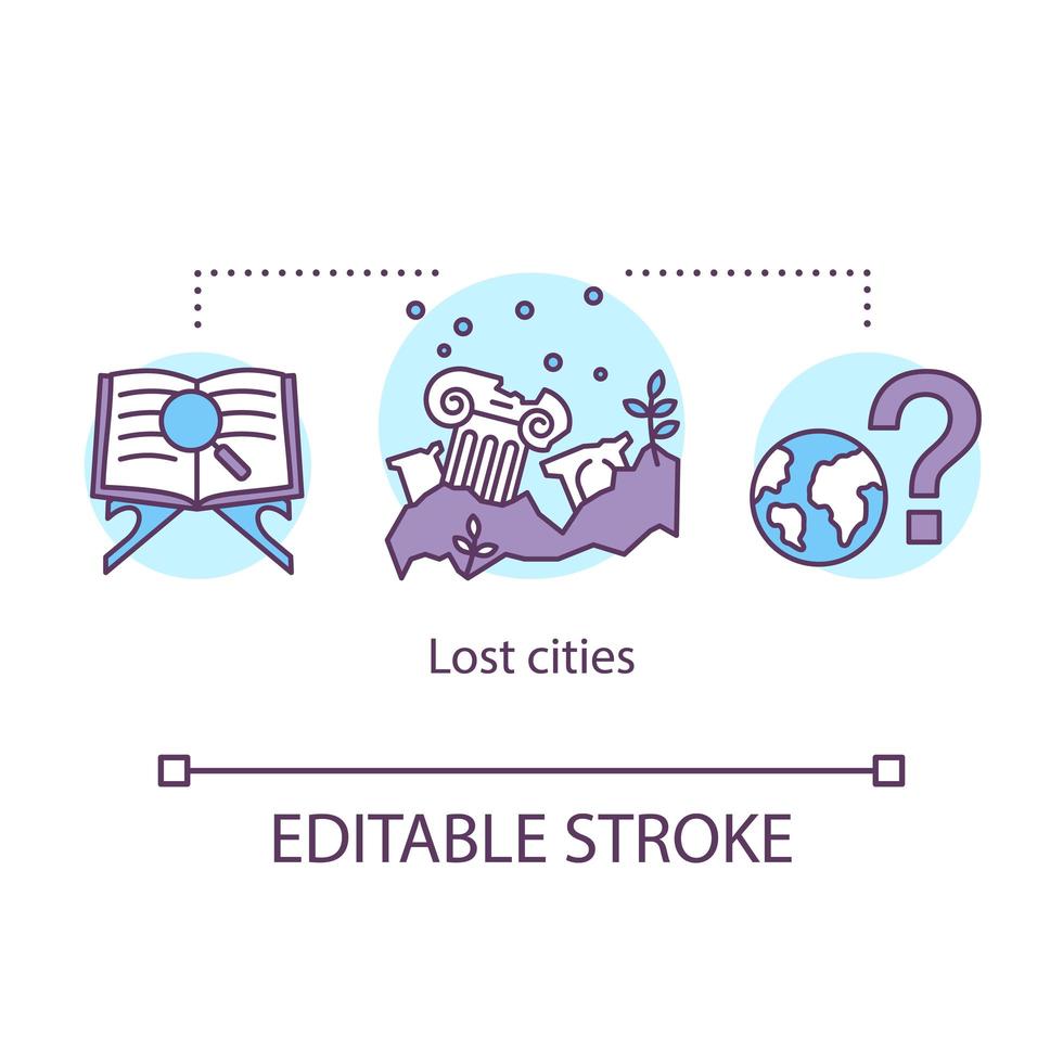 icono del concepto de ciudades perdidas. investigación de asentamientos antiguos. Sitio arqueológico. vector