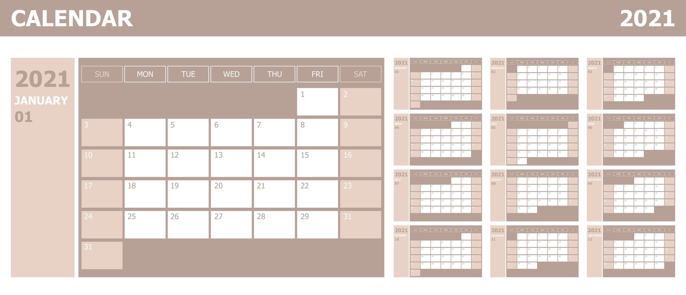 Calendar 2021 week start Sunday corporate design planner template vector