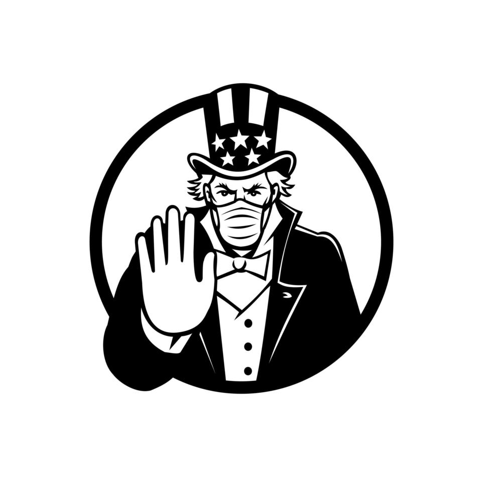 Uncle Sam Wearing Mask Stop Hand Signal Black and White vector