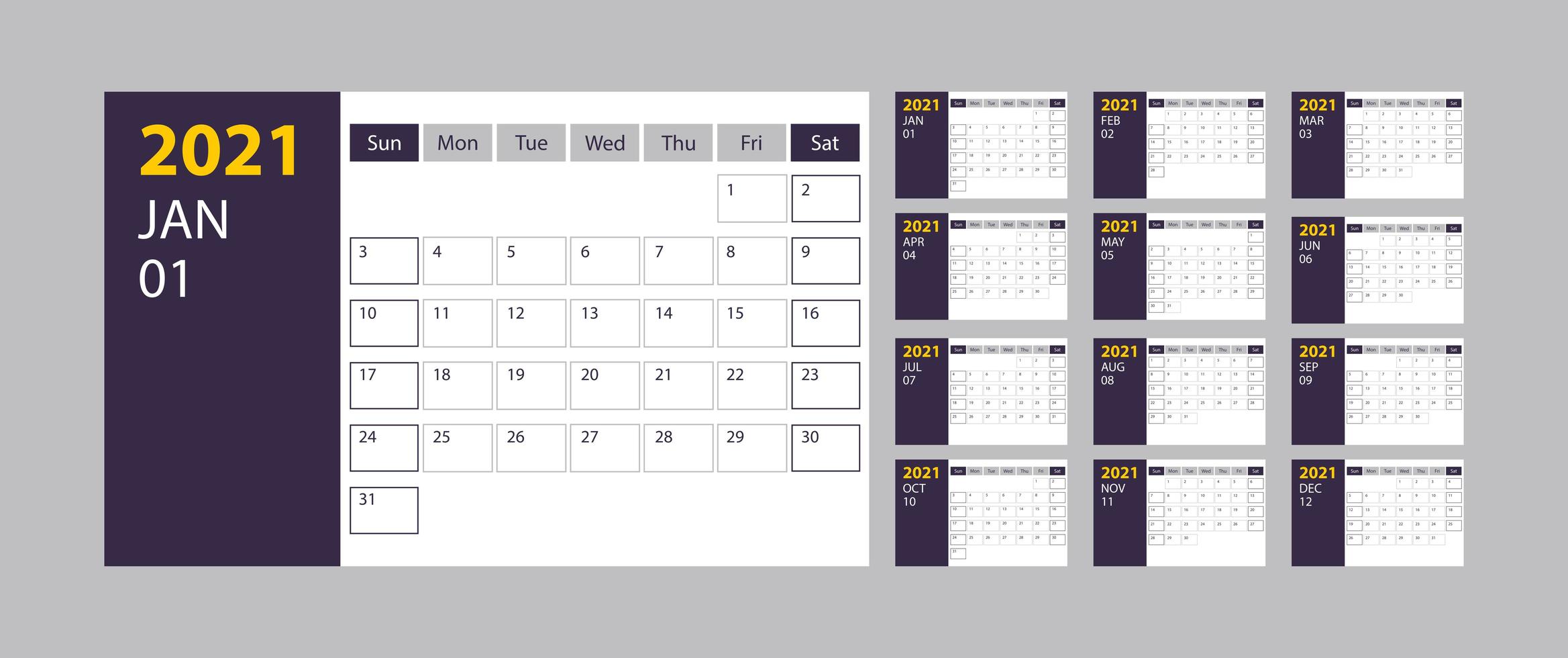 calendario 2021 semana inicio domingo plantilla de planificador de diseño corporativo sobre fondo gris vector