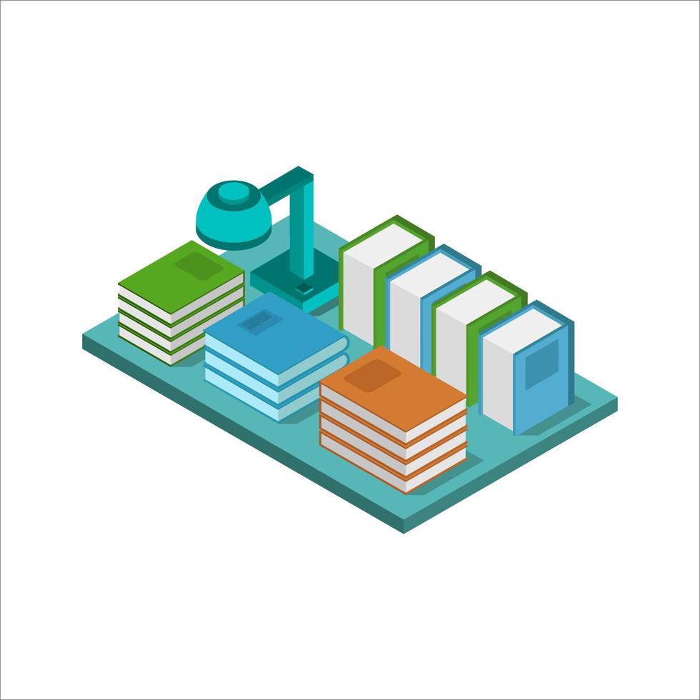 Desk With Isometric Books On White Background vector