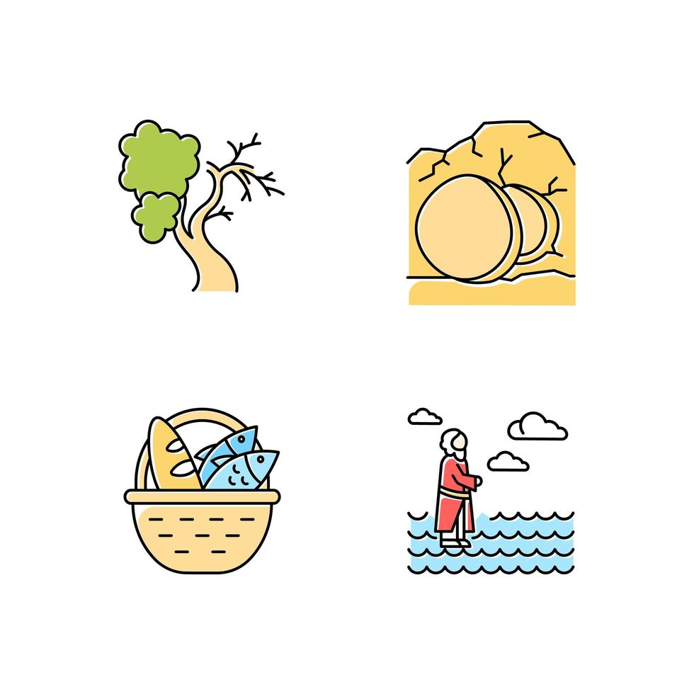 Bible narratives color icons set. Fig tree, open coffin, bread and fish, Jesus walking on water. Easter week. vector