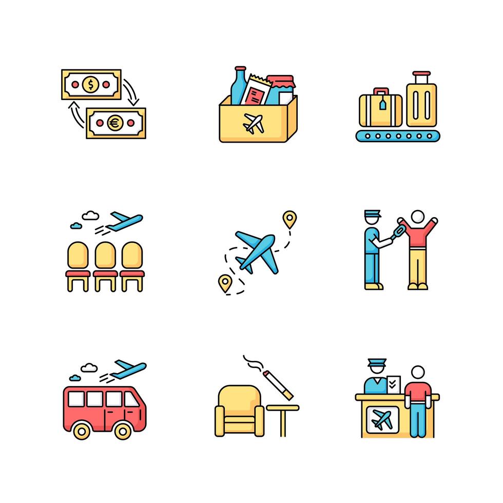 Airport terminal RGB color icons set. Waiting lobby for passengers. Flight check in. Metal detection with scanner. Smoke area. Help desk for traveler. Arrival, departure. Isolated vector illustrations