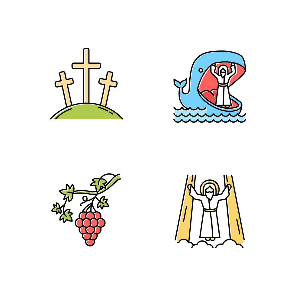 Conjunto de iconos de colores de narrativas bíblicas. calvario, jonas y ballena, vid, ascensión de jesucristo. historias cristianas. vector