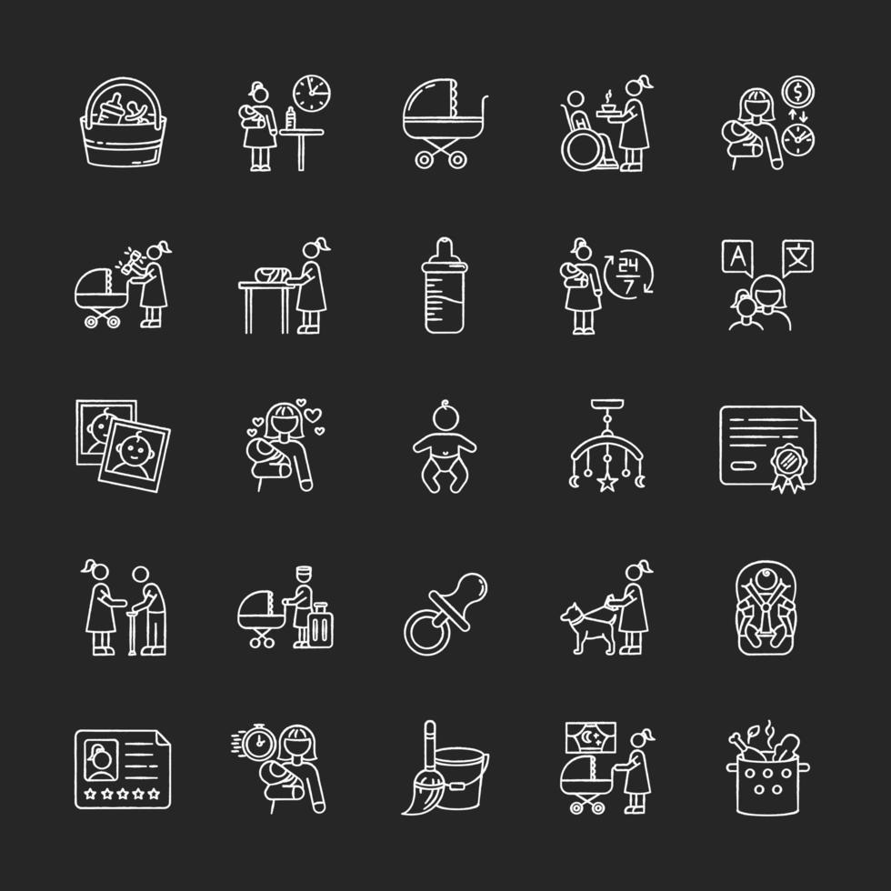Babysitter service chalk white icons set on black background. Child care. Help with kids. Full time nanny for newborn. Motherhood, parenthood. Isolated vector chalkboard illustrations